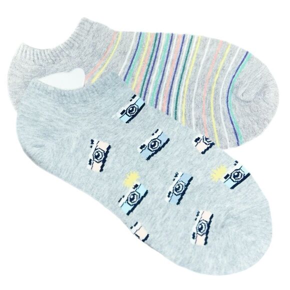 Women’s Two-Pack No-Show Socks - Retro Camera/Stripe NWOT - Picture 2 of 7